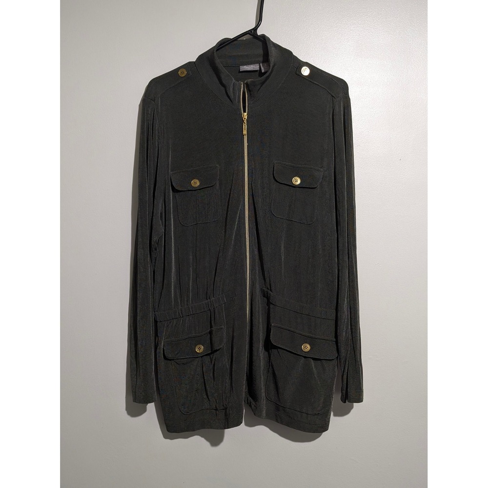 Chicos Travelers Jacket Womens 3 L XL Dark Olive Green Utility Zip Stretch